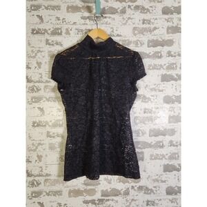 Lace Top Size Small Black Floral Mock Neck Cap‎ Sleeve Elegant Party Clubwear
